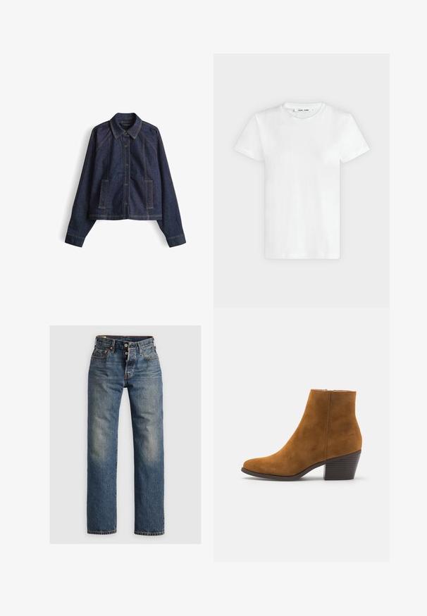 Dunkelblaue Jeansjacke mit Kragen, durchgehender Knopfleiste, Seitentaschen und langen Ärmeln. Verfügt über kontrastierende gelbe Nähte.; Ein schlichtes weißes T-Shirt mit kurzen Ärmeln und Rundhalsausschnitt liegt flach auf einem hellgrauen Hintergrund, zeigt die Vorderseite mit einem Etikett im Halsausschnitt.; Blaue Denim-Jeans mit geradem Bein, ausgestattet mit sichtbaren Nähten, einem Reißverschluss und fünf Taschen. Ausgewaschene Stellen sorgen für Textur.; Braune Wildleder-Ankle Boots mit spitzer Zehenform und gestapeltem Absatz. Glatte Textur mit einem seitlichen Reißverschluss zum Schließen. Klassisches Design und Form.