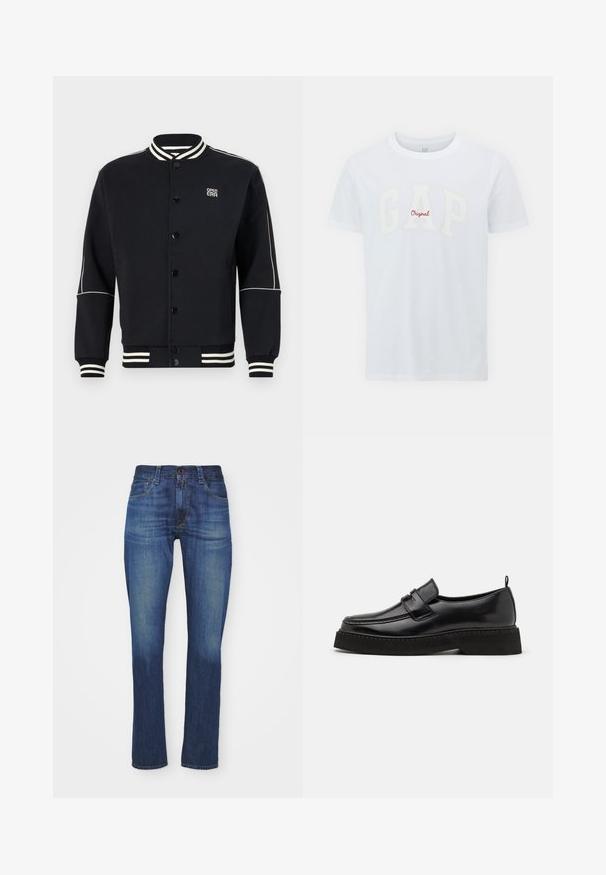Zwarte sweatshirtjack met witgestreepte ribgebreide kraag en manchetten. Beschikt over een knoopsluiting en een logo aan de linkerbovenkant, gemaakt van zachte stof.; Witte katoenen t-shirt met een groot, textuur "GAP" logo in crème en daaronder een kleiner rood "Original" tekst. Korte mouwen en een ronde hals ontwerp.; Donkerblauwe spijkerbroeken in slim fit met een klassiek vijf-pocket ontwerp, voorzien van een ritssluiting en knoopsluiting, en lichte vervaging.; Zwarte leren instapschoenen in loafer-stijl, met een vlakke, gestructureerde zool, voorzien van een gestikte neus en een band over de wreef.