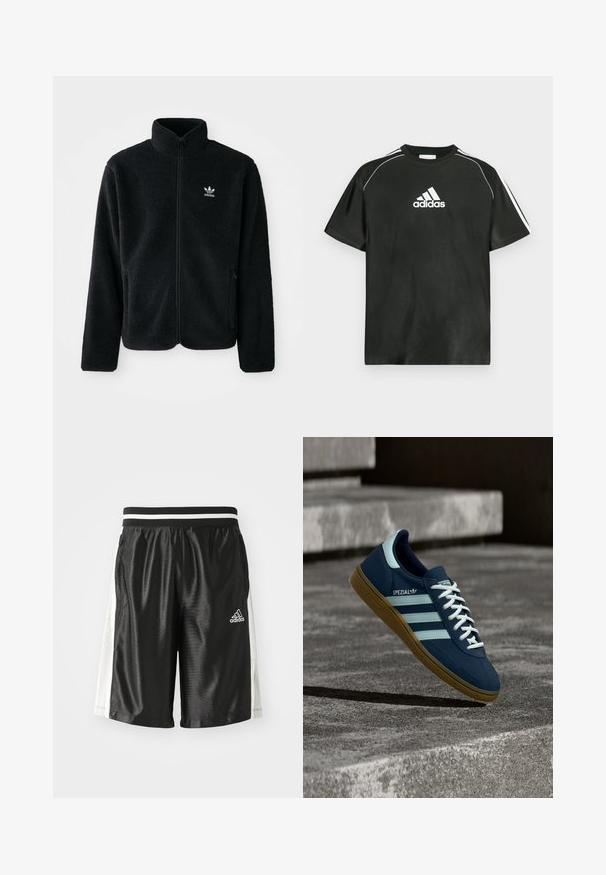 Sort fleecejakke med høj krave, lynlås foran og frontlommer. Har tekstureret stof og lille hvidt logo på venstre bryst.; Sort T-shirt med korte ærmer, hvide Adidas-logo på brystet og hvide striber på skuldrene. Fremstillet af glat stof, afslappet pasform.; Sorte atletiske shorts med en glat overflade, elastisk talje med hvide striber og mesh-sider for åndbarhed. Adidas-logoet er til stede.; Blå Adidas Spezial sneaker med hvide striber og snørebånd, gummisål, svævende over en ru betongoverflade og trin i baggrunden.