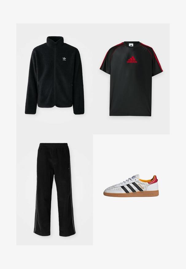 Sort fleecejakke med høj krave, lynlås foran og frontlommer. Har tekstureret stof og lille hvidt logo på venstre bryst.; Sort atletisk t-shirt med røde detaljer og logo. Fremstillet af glat, let stof. Har rund hals og korte ærmer.; Sorte fløjl bukser med en afslappet pasform, der har en elastisk talje og sidelister. Glat tekstur med lodret ribbet detalje.; Hvid Adidas Spezial sneaker med sorte striber, gummisål, quiltet mønster, rød hælflap og gul inderfor, set fra siden.