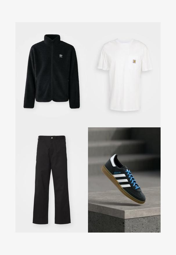 Sort fleecejakke med høj krave, lynlås foran og frontlommer. Har tekstureret stof og lille hvidt logo på venstre bryst.; Hvid bomulds T-shirt med korte ærmer, en brystlomme, og et lille firkantet logo patch i orange og hvid på lommen.; Sorte bukser lavet af slidstærkt stof med lige pasform, der har knaplukning foran, bæltestropper og ingen synlige mønstre eller accenter.; Sort Adidas sneaker med hvide striber, blå snørebånd og gummisål, der svæver over gråt betontrin i blødt lys.