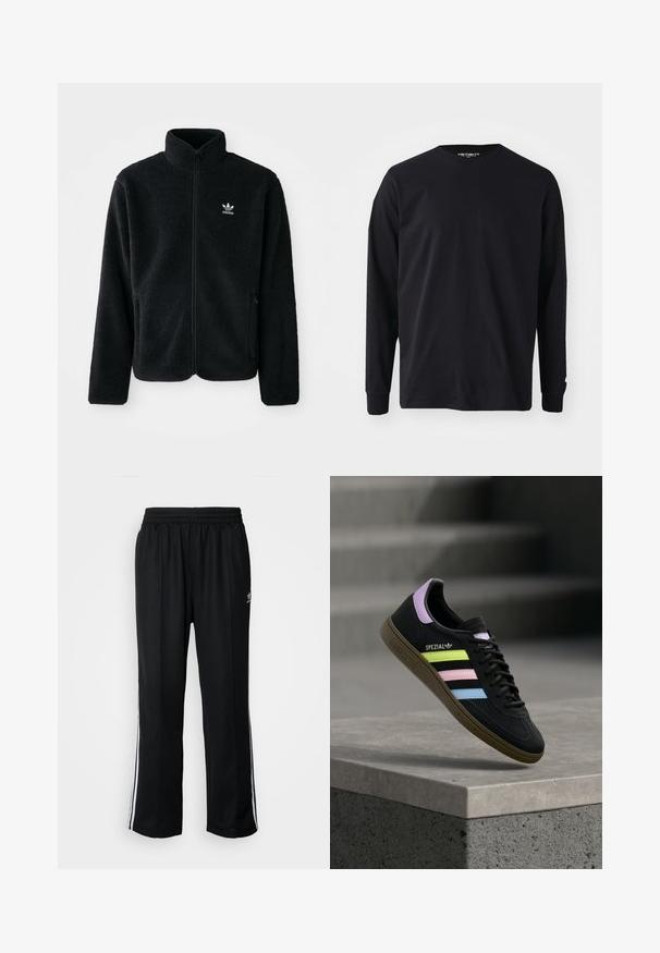 Schwarze Fleecejacke mit hohem Kragen, durchgehendem Reißverschluss und Fronttaschen. Verfügt über strukturiertes Material und ein kleines weißes Logo auf der linken Brust.; Schwarzes Langarm-T-Shirt aus Baumwolle mit rundem Halsausschnitt und geradem Schnitt, mit einem kleinen Logodetail am Ärmel.; Schwarze Sporthosen mit elastischem Bund, ausgestattet mit weißen Seitenstreifen und einem kleinen Logo. Das Material wirkt weich und leicht.; Schwarzer Adidas Spezial Sneaker mit pastellgelben, pinken und blauen Streifen, lavendelfarbenem Fersenlaschen und brauner Sohle, schwebend über einer Betonkante.