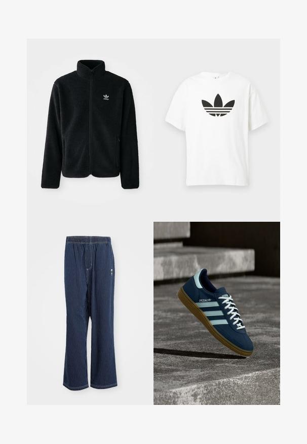 Schwarze Fleecejacke mit hohem Kragen, durchgehendem Reißverschluss und Fronttaschen. Verfügt über strukturiertes Material und ein kleines weißes Logo auf der linken Brust.; Weißes Baumwoll-T-Shirt mit großem schwarzem Adidas Trefoil-Logo und drei horizontalen Streifen darunter. Kurze Ärmel, Rundhalsausschnitt.; Marine gestreifte Hose mit hellblauen vertikalen Streifen, elastischem Bund, weit geschnittenem Bein und kleinem Logo an der Seite. Der Stoff hat eine glatte Textur.; Blauer Adidas Spezial Sneaker mit weißen Streifen und Schnürsenkeln, Gummisohle, schwebend über rauer Betonoberfläche und Treppen im Hintergrund.