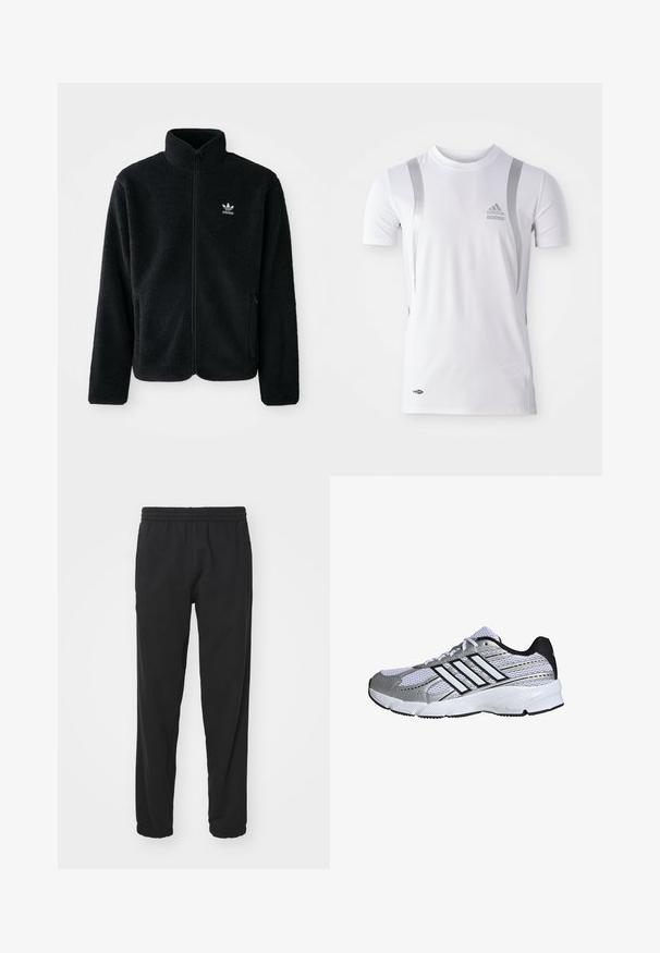 Sort fleecejakke med høj krave, lynlås foran og frontlommer. Har tekstureret stof og lille hvidt logo på venstre bryst.; Hvid kortærmet træningsskjorte med sølvdetaljer, med rund hals og et Adidas-logo på brystet. Lavet af fugttransporterende materiale.; Sorte letvægts joggerbukser med elastisk talje, tætsiddende ben, samlede manchetter og sidelommer for øget funktionalitet.; Mesh atletik sko i hvid og sølv, med sorte detaljer, tre hvide striber logo, polstret krave og tekstureret gummisål.