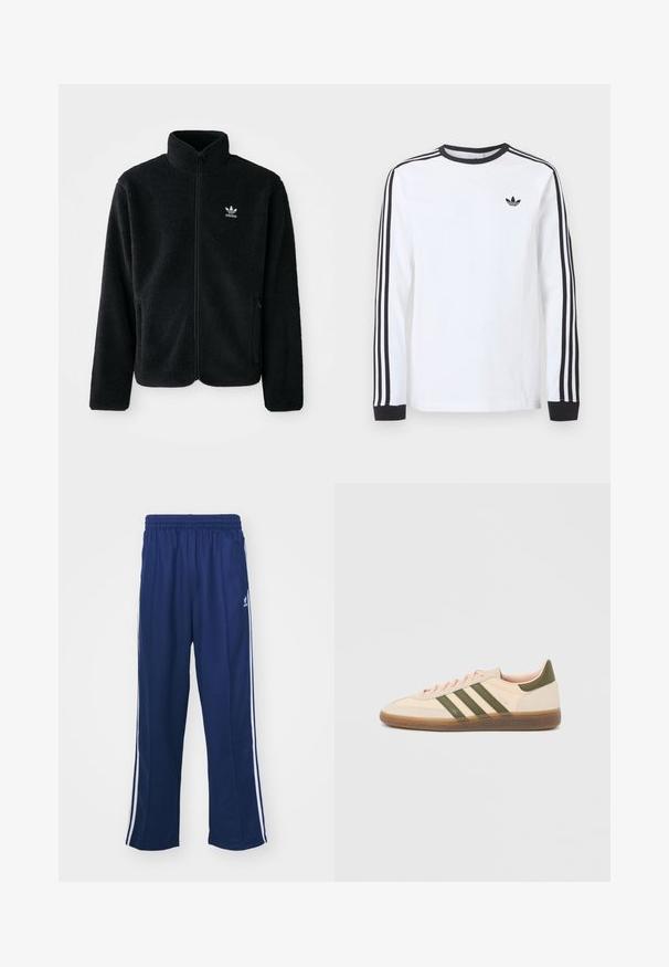 Schwarze Fleecejacke mit hohem Kragen, durchgehendem Reißverschluss und Fronttaschen. Verfügt über strukturiertes Material und ein kleines weißes Logo auf der linken Brust.; Weißes Adidas-Langarmshirt mit schwarzem Rundhalsausschnitt, schwarzen Bündchen, drei schwarzen Streifen an den Ärmeln und schwarzem Trefoil-Logo auf der Brust.; Marineblaue Sporthosen mit einem lockeren Schnitt, ausgestattet mit weißen seitlichen Streifen und einem elastischen Bund. Glattes Material, keine sichtbaren Muster oder Beschläge.; Flacher, beigefarbener Adidas Spezial Sneaker mit grünen Streifen, Gummisohle und "SPEZIAL" Schriftzug an der Seite, von der Außenseite gezeigt.