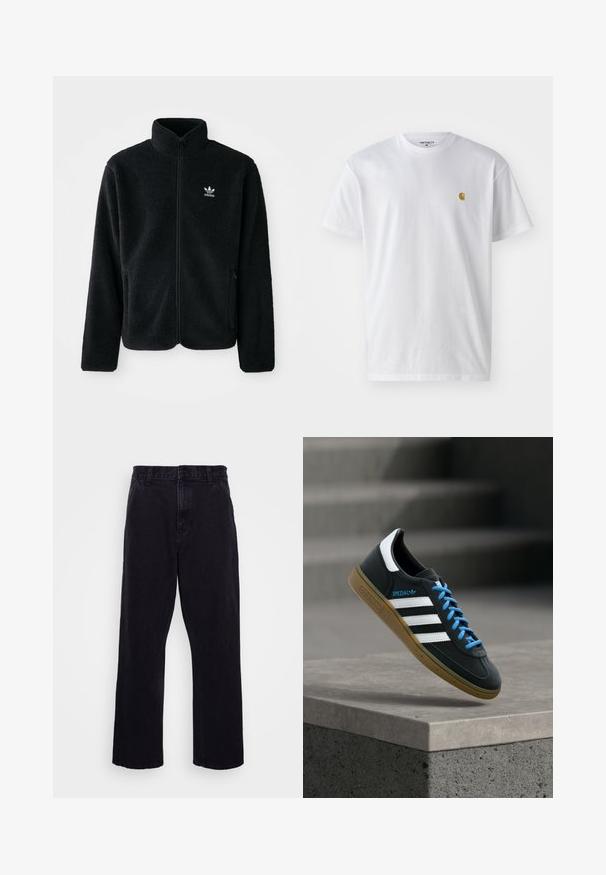 Schwarze Fleecejacke mit hohem Kragen, durchgehendem Reißverschluss und Fronttaschen. Verfügt über strukturiertes Material und ein kleines weißes Logo auf der linken Brust.; Weißes Baumwoll-T-Shirt mit kurzen Ärmeln, Rundhalsausschnitt, mit einem kleinen goldenen Logo im linken Brustbereich. Weicher Stoff und normale Passform.; Schwarze Jeanshose mit geradem Bein, ausgestattet mit einem Knopf- und Reißverschluss, Gürtelschlaufen und minimalen Nähdetails.; Schwarzer Adidas-Sneaker mit weißen Streifen, blauen Schnürsenkeln und Gummisohle, der über einer grauen Betontreppe im weichen Licht schwebt.