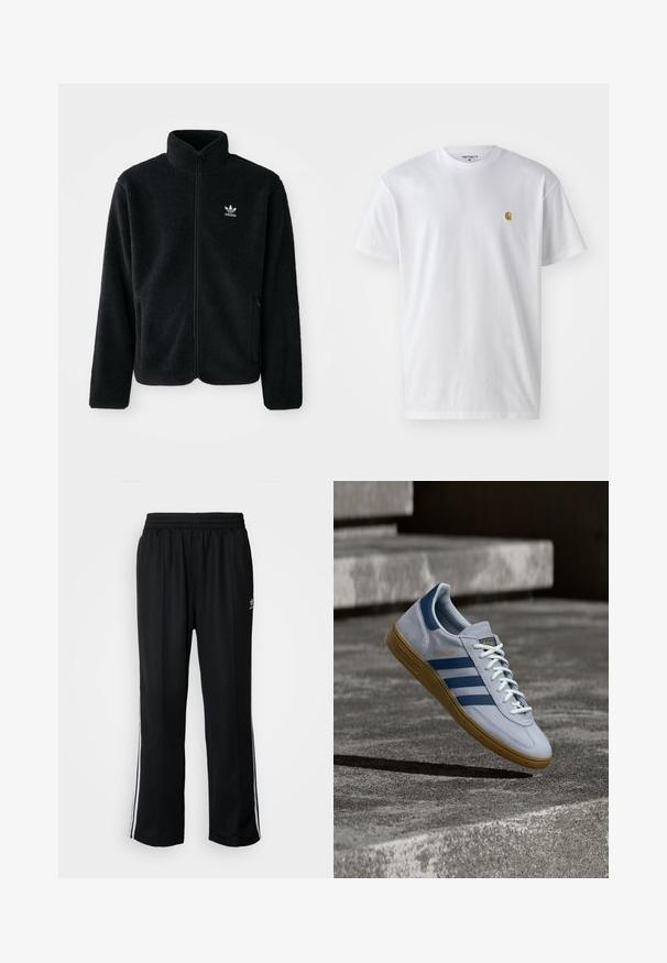 Schwarze Fleecejacke mit hohem Kragen, durchgehendem Reißverschluss und Fronttaschen. Verfügt über strukturiertes Material und ein kleines weißes Logo auf der linken Brust.; Weißes Baumwoll-T-Shirt mit kurzen Ärmeln, Rundhalsausschnitt, mit einem kleinen goldenen Logo im linken Brustbereich. Weicher Stoff und normale Passform.; Schwarze Sporthosen mit elastischem Bund, ausgestattet mit weißen Seitenstreifen und einem kleinen Logo. Das Material wirkt weich und leicht.; Hellblauer Adidas Spezial Sneaker mit dunkelblauen Streifen und Gummisohle, in der Luft über Betontreppen in neutralem Außenbereich gezeigt.