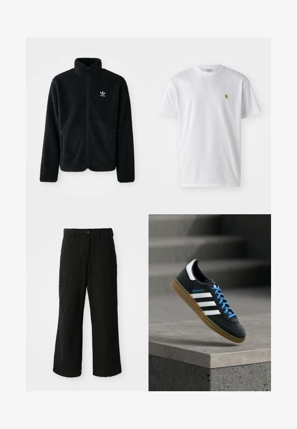 Veste en polaire noire avec col haut, fermeture éclair à l'avant et poches перед тобой. Présente un tissu texturé et un petit logo blanc sur la poitrine gauche.; T-shirt en coton blanc à manches courtes, col rond, avec un petit logo doré sur la poitrine gauche. Texture douce et coupe régulière.; Pantalons noirs à large jambe en tissu doux, dotés de poches avant et d'une fermeture à bouton à la taille. Design minimaliste sans motifs visibles.; Baskets Adidas noires avec des rayures blanches, des lacets bleus et une semelle en gomme flottant au-dessus d'une marche en béton grise sous une lumière douce.