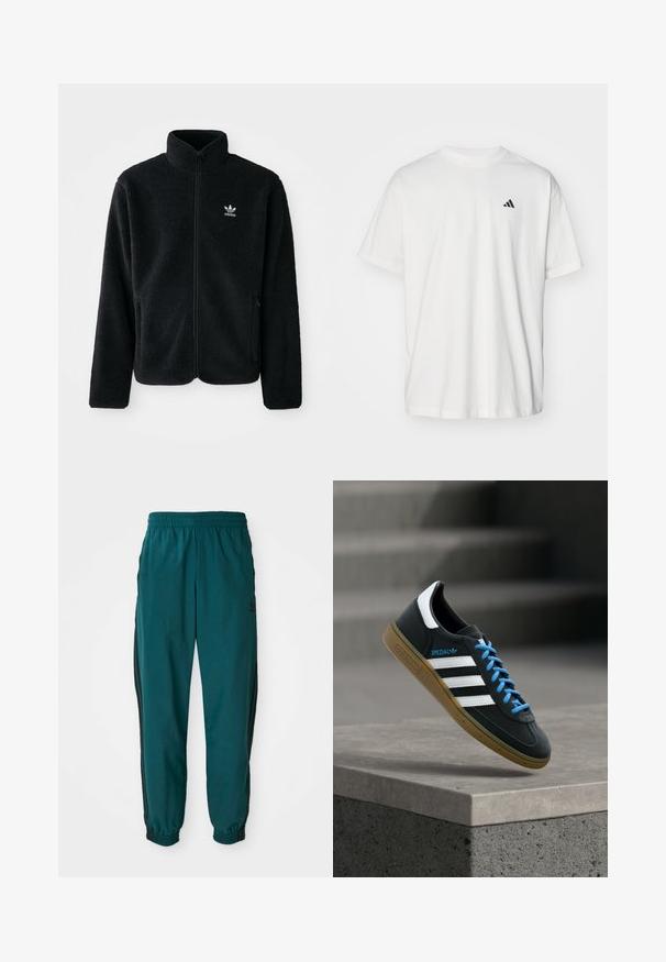 Schwarze Fleecejacke mit hohem Kragen, durchgehendem Reißverschluss und Fronttaschen. Verfügt über strukturiertes Material und ein kleines weißes Logo auf der linken Brust.; Weißes Baumwoll-T-Shirt mit kurzen Ärmeln, Rundhalsausschnitt und kleinem schwarzem Adidas-Logo auf der linken Brust. Weicher Stoff, lässige Passform.; Türkise Sporthose mit einem Kordelzugbund, elastischen Bündchen und seitlichen schwarzen Streifen. Hergestellt aus leichtem Stoff und mit einem Logo in der Nähe der Hüfte.; Schwarzer Adidas-Sneaker mit weißen Streifen, blauen Schnürsenkeln und Gummisohle, der über einer grauen Betontreppe im weichen Licht schwebt.