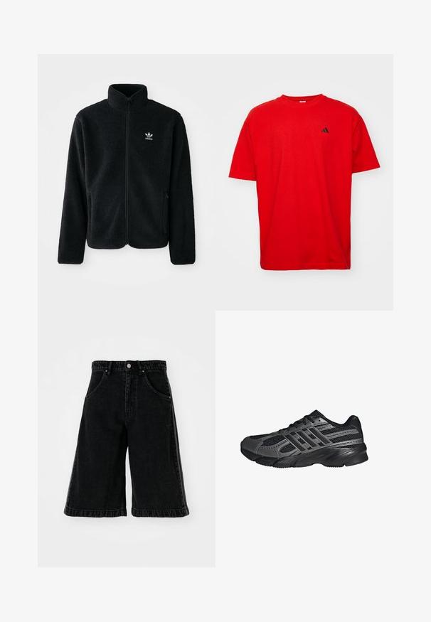 Sort fleecejakke med høj krave, lynlås foran og frontlommer. Har tekstureret stof og lille hvidt logo på venstre bryst.; Rød bomulds T-shirt med korte ærmer og rund hals. Har et lille sort logo på venstre bryst og en lige kant.; Sorte denimshorts med bred ben-design, der har høj talje, bæltestropper og forlommer. Minimalistisk syninger og hardware detaljer.; Sorte træningssko lavet af mesh og syntetiske materialer, med en tekstureret overflade, flere grå striber og en polstret krave.