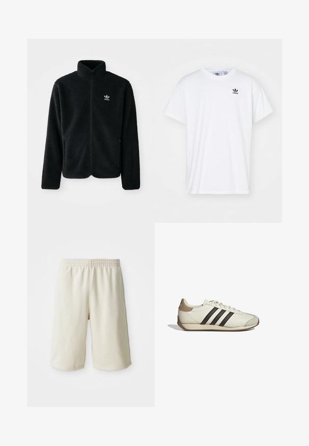 Chupa de forro polar negro con cuello alto, cierre frontal y bolsillos delanteros. Presenta tela texturizada y un pequeño logo blanco en el lado izquierdo del pecho.; Camiseta blanca de algodón con mangas cortas, escote redondo y un logo negro de Adidas con tres franjas en la zona del lado izquierdo del pecho.; Pantalones cortos deportivos de color beige claro con una cintura elástica, textura suave y un sutil detalle del logo en la parte inferior izquierda. Sin bolsillos.; Zapatilla deportiva de cuero blanco con tres rayas negras, una cubierta de talón beige y una puntera texturizada gris. Superficie lisa con suela de goma.