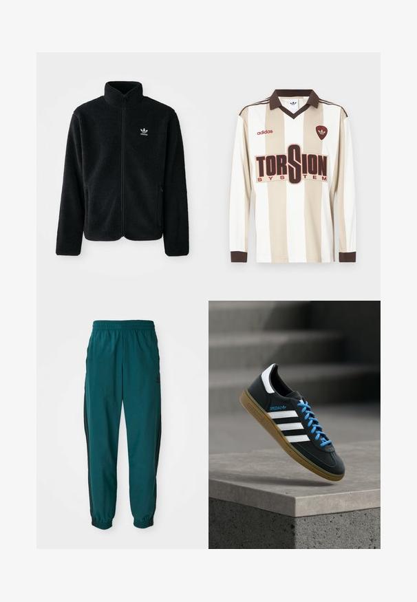 Schwarze Fleecejacke mit hohem Kragen, durchgehendem Reißverschluss und Fronttaschen. Verfügt über strukturiertes Material und ein kleines weißes Logo auf der linken Brust.; Langärmliges Fußballtrikot in Beige mit weißen Streifen; verfügt über einen braunen Kragen und Bündchen, ein großes rotes "TORSION SYSTEM"-Logo und adidas-Branding.; Türkise Sporthose mit einem Kordelzugbund, elastischen Bündchen und seitlichen schwarzen Streifen. Hergestellt aus leichtem Stoff und mit einem Logo in der Nähe der Hüfte.; Schwarzer Adidas-Sneaker mit weißen Streifen, blauen Schnürsenkeln und Gummisohle, der über einer grauen Betontreppe im weichen Licht schwebt.
