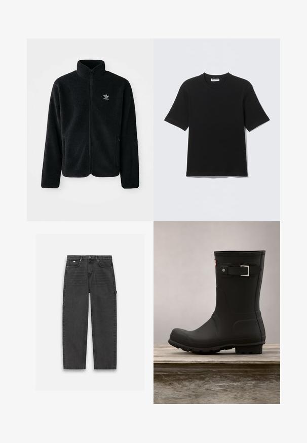 Schwarze Fleecejacke mit hohem Kragen, durchgehendem Reißverschluss und Fronttaschen. Verfügt über strukturiertes Material und ein kleines weißes Logo auf der linken Brust.; Schwarzes T-Shirt mit kurzen Ärmeln und Rundhalsausschnitt, mit einem "WEEKDAY"-Etikett innen am Kragen, flach auf einem hellen Hintergrund liegend dargestellt.; Dunkelgraue Jeanshose mit geradem Bein, im Fünf-Taschen-Stil und sichtbarem Knopf- und Reißverschluss. Minimalistische Gestaltung.; Schwarze Gummiregenstiefel mit niedrigem Absatz, runder Spitze und einem silbernen Schnallenakzent. Verfügt über eine strukturierte Sohle für besseren Halt.