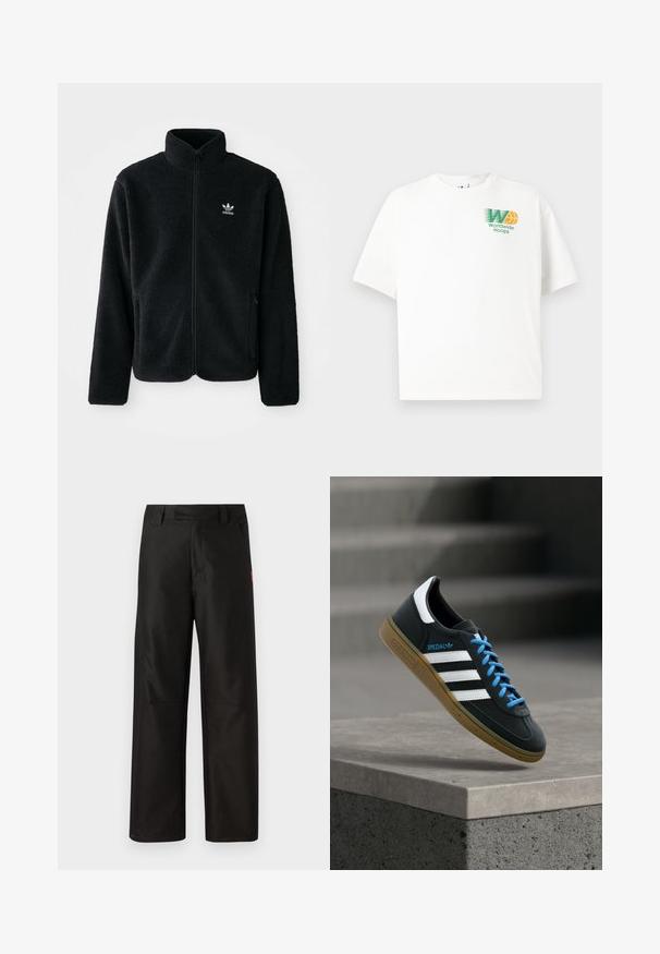 Chupa de forro polar negro con cuello alto, cierre frontal y bolsillos delanteros. Presenta tela texturizada y un pequeño logo blanco en el lado izquierdo del pecho.; Camiseta de algodón blanca con un corte relajado. Presenta un logo gráfico en verde y naranja en el lado izquierdo del pecho, que dice "Worldwide Hoops."; Pantalones anchos negros, confeccionados en una tela suave, con un frente plano, lazos para cinturón y dos bolsillos laterales. Acento del logo de la marca en rojo en un lado.; Zapatilla negra Adidas con franjas blancas, cordones azules y suela de goma flotando sobre un escalón de hormigón gris con luz suave.