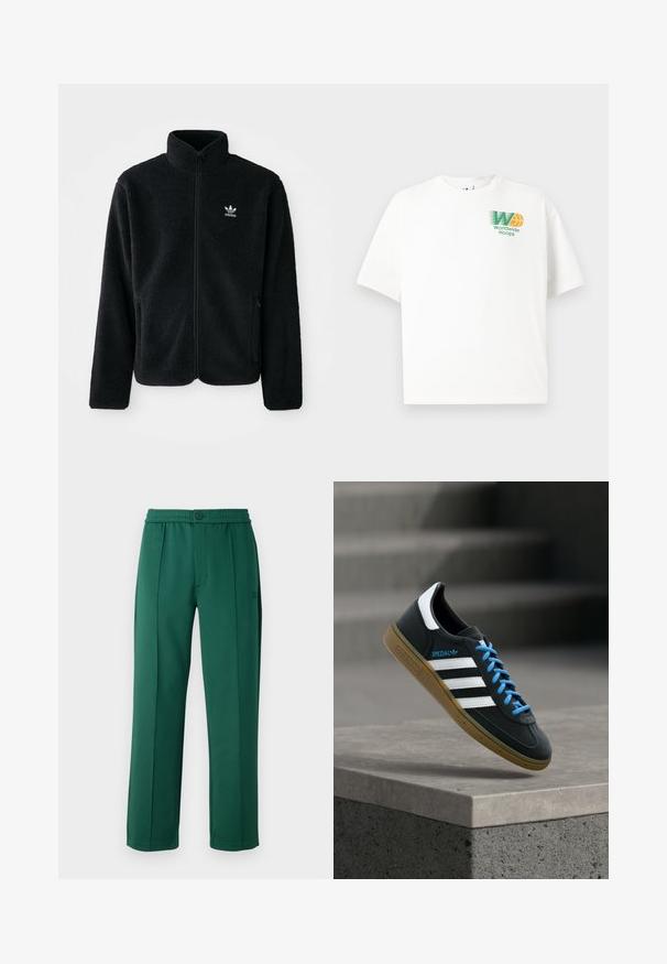 Chupa de forro polar negro con cuello alto, cierre frontal y bolsillos delanteros. Presenta tela texturizada y un pequeño logo blanco en el lado izquierdo del pecho.; Camiseta de algodón blanca con un corte relajado. Presenta un logo gráfico en verde y naranja en el lado izquierdo del pecho, que dice "Worldwide Hoops."; Pantalones de poliéster verdes con un corte relajado, cintura elástica, pliegues frontales y un cierre con un solo botón. Textura suave y diseño de pierna recta.; Zapatilla negra Adidas con franjas blancas, cordones azules y suela de goma flotando sobre un escalón de hormigón gris con luz suave.