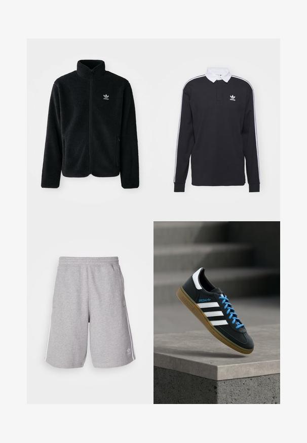 Zwarte fleece jacket met hoge kraag, ritssluiting aan de voorkant en voorzakken. Kenmerkt zich door textuurstof en een klein wit logo op de linkerborst.; Zwarte longsleeve polo met witte kraag en drie witte strepen langs de mouwen; voorzien van een geborduurd Adidas-logo op de borst.; Grijze sportshorts van katoenmix stof. Voorzien van zijzakken, een elastische tailleband en witte zijstrepen. Klassiek ontwerp.; Zwarte Adidas-sneaker met witte strepen, blauwe veters en een gumzool die boven een grijze betonnen trede zweeft in zacht licht.