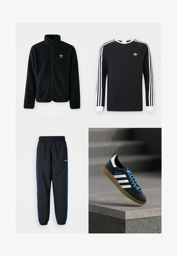 Sort fleecejakke med høj krave, lynlås foran og frontlommer. Har tekstureret stof og lille hvidt logo på venstre bryst.; Sort langærmet T-shirt med hvidt trestribet design på ærmerne. Har rund halsudskæring og et lille hvidt logo på brystet.; Sorte atletiske bukser med elastisk talje, blå sideløb, lynlåslommer og tætsiddende benafslutninger for en stram pasform. Lavet af let materiale.; Sort Adidas sneaker med hvide striber, blå snørebånd og gummisål, der svæver over gråt betontrin i blødt lys.