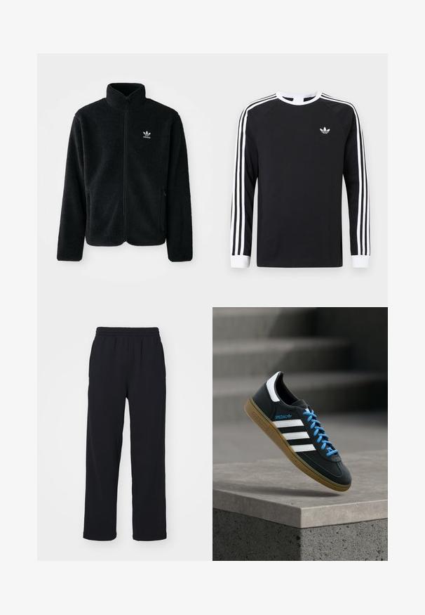 Schwarze Fleecejacke mit hohem Kragen, durchgehendem Reißverschluss und Fronttaschen. Verfügt über strukturiertes Material und ein kleines weißes Logo auf der linken Brust.; Schwarzes langärmeliges T-Shirt mit weißem Drei-Streifen-Design an den Ärmeln. Mit rundem Ausschnitt und kleinem weißem Logo auf der Brust.; Schwarze Jogginghose mit elastischem Bund, geraden Beinen und gestickten Details. Hergestellt aus weichem, strukturiertem Stoff.; Schwarzer Adidas-Sneaker mit weißen Streifen, blauen Schnürsenkeln und Gummisohle, der über einer grauen Betontreppe im weichen Licht schwebt.