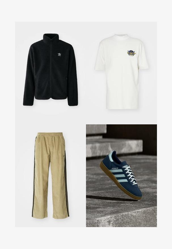 Čierna fleecová bunda s vysokým golierom, zipsom na prednej strane a prednými vreckami. Obsahuje textúrovanú tkaninu a malé biele logo na ľavej hrudi.; adidas Originals TEE - Tričko s potlačou - cloud white; Bežové kordové nohavice s elastickým pásom, s čiernymi bočnými pruhmi. Tkanina má ryhovanú textúru, na spodnej strane sú mierne rozšírené.; Modré tenisky Adidas Spezial s bielymi pruhmi a šnúrkami, gumovou podrážkou, plávajúce nad drsným betónovým povrchom a schodmi v pozadí.