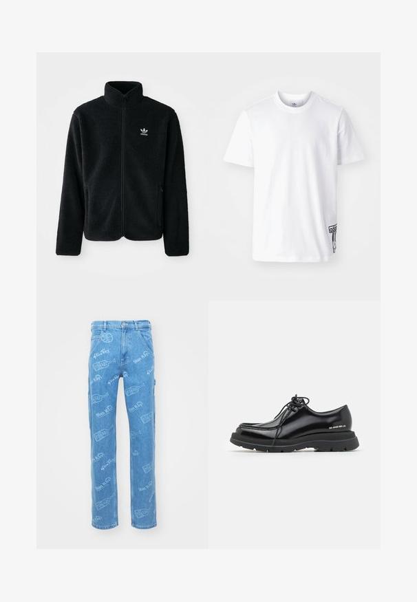 Zwarte fleece jacket met hoge kraag, ritssluiting aan de voorkant en voorzakken. Kenmerkt zich door textuurstof en een klein wit logo op de linkerborst.; Witte katoenen t-shirt met korte mouwen, ronde halslijn, en een zwart Adidas-logo label op de linker onderkant. Luxe textuur.; Lichtblauwe spijkerbroek met een algeheel patroon van de tekst "Stan Ray" en flesvormen. Recht model, vijf zakken en knoopsluiting.; Zwarte leren nette schoen met een ronde neus, dikke rubberen zool, vetersluiting en opvallende stiksels langs de rand.