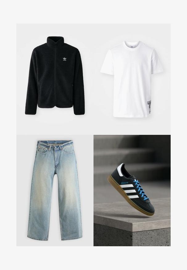 Veste en polaire noire avec col haut, fermeture éclair à l'avant et poches перед тобой. Présente un tissu texturé et un petit logo blanc sur la poitrine gauche.; T-shirt en coton blanc avec des manches courtes, col rond et un patch logo Adidas noir en bas à gauche. Texture lisse.; Jean denim bleu clair à jambes larges avec une finition délavée. Comprend un design standard à cinq poches et une fermeture à bouton métallique.; Baskets Adidas noires avec des rayures blanches, des lacets bleus et une semelle en gomme flottant au-dessus d'une marche en béton grise sous une lumière douce.