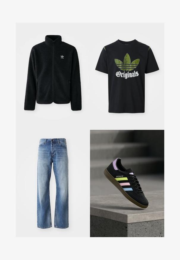 Zwarte fleece jacket met hoge kraag, ritssluiting aan de voorkant en voorzakken. Kenmerkt zich door textuurstof en een klein wit logo op de linkerborst.; Zwarte katoenen t-shirt met een versleten groene grafiek met drie strepen en het woord "Originals" hieronder in het wit, ronde halslijn, korte mouwen.; Blauwe denim straight-leg jeans met lichte vervaging op de dijen en knieën, met vijf zakken en een knoopsluiting.; Zwarte Adidas Spezial sneaker met pastelgele, roze en blauwe strepen, lavendelkleurig hielhaakje en bruine zool, zwevend boven een betonnen richel.