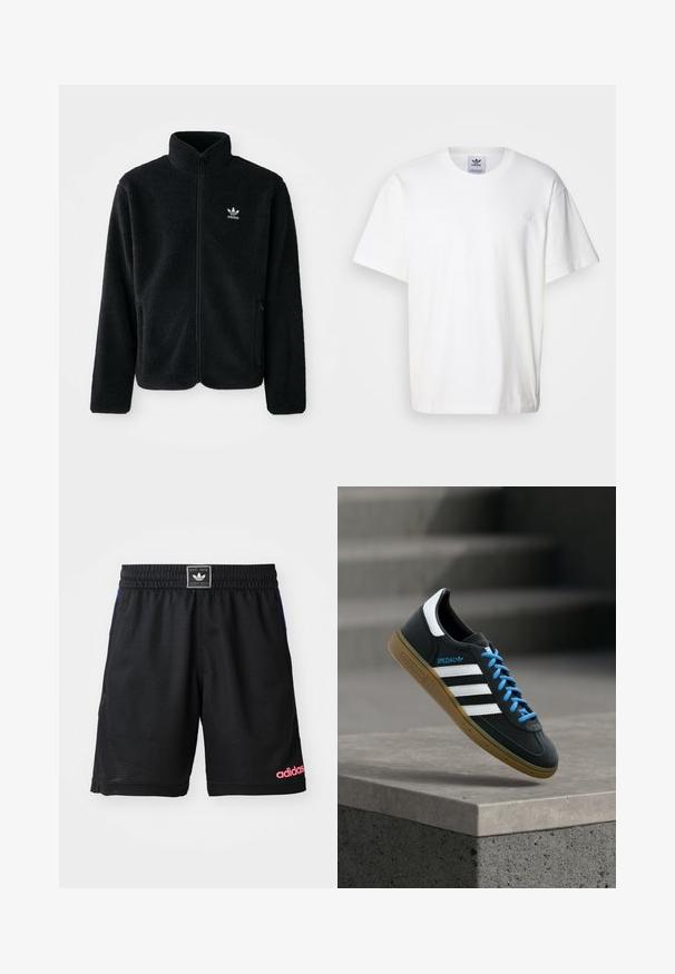 Chupa de forro polar negro con cuello alto, cierre frontal y bolsillos delanteros. Presenta tela texturizada y un pequeño logo blanco en el lado izquierdo del pecho.; Camiseta de algodón blanca con cuello redondo y mangas cortas. Presenta un pequeño logotipo bordado en el pecho. Diseño simple y clásico.; Pantalones cortos deportivos negros hechos de una tela texturizada y transpirable. Cuenta con una cintura elástica y un logo "adidas" en rosa en el lado inferior derecho.; Zapatilla negra Adidas con franjas blancas, cordones azules y suela de goma flotando sobre un escalón de hormigón gris con luz suave.