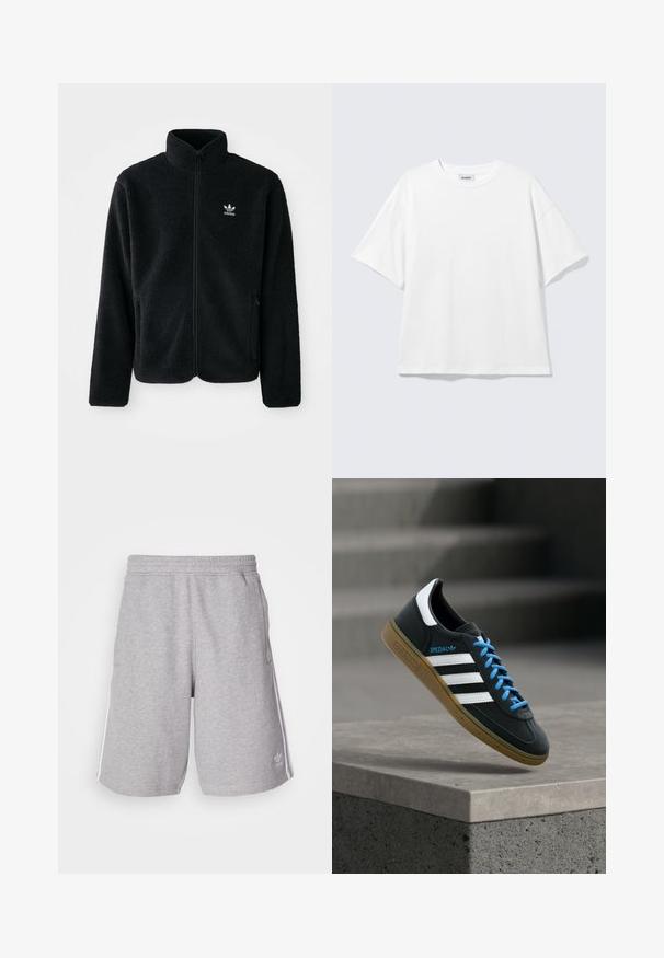 Must värviline fleecedee peasärk kõrge kraega, tõmblukuga esiosa ja esikotid. Omab tekstuuriga kangast ja väikest valget logo vasakul rinnal.; Valge liibuv oversized lühikeste varrukatega t-särk ümar kaelusega, langevate õlgadega, tasapinnal helehalli taustal.; Hallide spordilühikesed, valmistatud puuvilla ja sünteetilise kiu segust. Omavad küljetaskuid, elastset vöökoht ja valgeid küljeribasid. Klassikaline disain.; Must Adidas toss valgete triibu, siniste paelte ja kummist tallaga, hõljuv pehme valgusega halli betoonastme kohal.