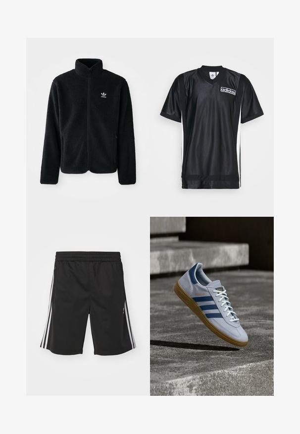 Sort fleecejakke med høj krave, lynlås foran og frontlommer. Har tekstureret stof og lille hvidt logo på venstre bryst.; Sort sporty jersey lavet af glat, skinnende stof med V-hals, prydet med hvide sidelister og et Adidas-logo på brystet.; Sorte sportsshorts med elastisk talje, med hvide sidestriber og en glat stofstruktur. Ingen yderligere dekorationer.; Lyseblå Adidas Spezial sneakers med marineblå striber og gummisål, vist i luften over betontrapper i et neutralt udendørsmiljø.