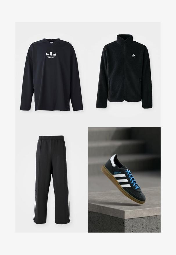 Veste en polaire noire avec col haut, fermeture éclair à l'avant et poches перед тобой. Présente un tissu texturé et un petit logo blanc sur la poitrine gauche.; Jersey noir à manches longues en tissu mesh, avec un col en V et logo trefoil blanc d'Adidas sur la poitrine. Fentes latérales à l'ourlet.; Pantalons de survêtement noirs avec une taille élastique, dotés de rayures blanches sur les côtés et d'un fit décontracté. Fabriqués en tissu doux et extensible.; Baskets Adidas noires avec des rayures blanches, des lacets bleus et une semelle en gomme flottant au-dessus d'une marche en béton grise sous une lumière douce.