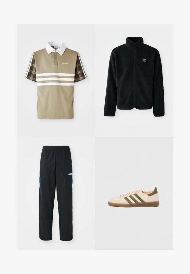Zwarte fleece jacket met hoge kraag, ritssluiting aan de voorkant en voorzakken. Kenmerkt zich door textuurstof en een klein wit logo op de linkerborst.; Polo shirt in olijfgroen met witte strepen en een geruit patroon op de korte mouwen. Heeft een witte kraag en een logo op de borst.; Zwarte sportbroeken met een elastische tailleband, voorzien van blauwe en witte grafische accenten aan de zijkanten en een geborduurd logo.; Beige Adidas Spezial sneaker met een laag profiel, groene strepen, een gumkleurige zool en "SPEZIAL" branding aan de zijkant, gezien vanaf de buitenzijde.