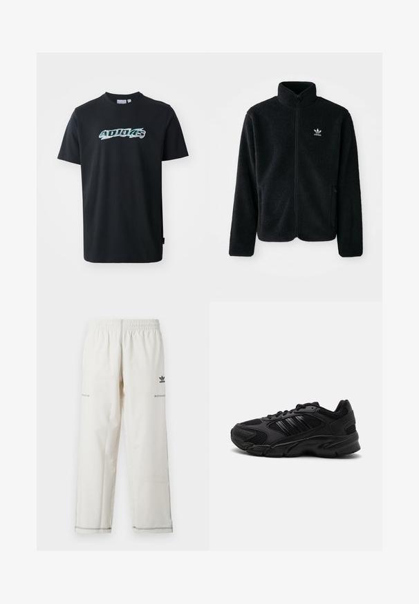 Schwarze Fleecejacke mit hohem Kragen, durchgehendem Reißverschluss und Fronttaschen. Verfügt über strukturiertes Material und ein kleines weißes Logo auf der linken Brust.; Schwarzes Baumwoll-T-Shirt mit kurzen Ärmeln, das auf der Vorderseite ein glänzendes, mehrfarbiges "ADIDAS"-Logo zeigt. Klassisches Rundhalsausschnitt-Design.; Weiße Sporthose mit elastischem Bund, seitlichen Taschen sowie schwarzem Adidas-Logo und Ziernähten. Glatter, leichter Stoff.; Schwarze Sportschuhe mit einer Kombination aus atmungsaktivem Mesh und synthetischen Materialien. Auffällige strukturierte Sohle und drei schwarze Streifen an der Seite.