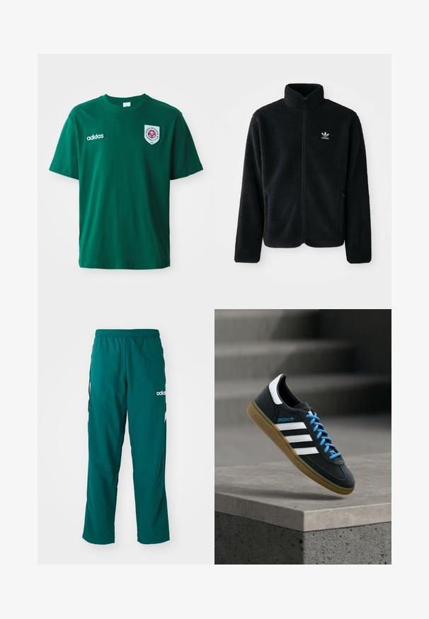 Chupa de forro polar negro con cuello alto, cierre frontal y bolsillos delanteros. Presenta tela texturizada y un pequeño logo blanco en el lado izquierdo del pecho.; Camiseta de algodón verde con cuello redondo, manga corta, logo de Adidas en el lado izquierdo y una insignia circular con un diseño rojo en el lado derecho.; Pantalones deportivos verdes hechos de tela ligera, con una cinturilla elástica, bolsillos laterales y el logo blanco de Adidas en el lado izquierdo.; Zapatilla negra Adidas con franjas blancas, cordones azules y suela de goma flotando sobre un escalón de hormigón gris con luz suave.