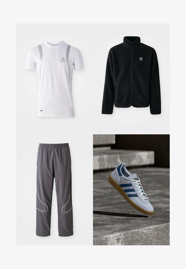 Zwarte fleece jacket met hoge kraag, ritssluiting aan de voorkant en voorzakken. Kenmerkt zich door textuurstof en een klein wit logo op de linkerborst.; Wit sportshirt met korte mouwen en zilveren accenten, met een ronde hals en een Adidas-logo op de borst. Gemaakt van vochtafvoerend materiaal.; Heren grijze sportbroeken met een elastische tailleband, ritssloten en reflecterende witte accenten aan de zijkanten. Lichtgewicht, zachte textuur.; Lichtblauwe Adidas Spezial sneaker met marineblauwe strepen en rubberen zool, getoond in de lucht boven betonnen trappen in een neutrale buitenomgeving.