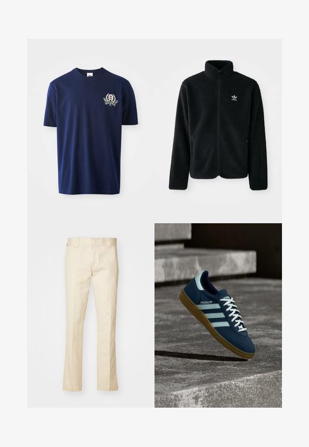 Schwarze Fleecejacke mit hohem Kragen, durchgehendem Reißverschluss und Fronttaschen. Verfügt über strukturiertes Material und ein kleines weißes Logo auf der linken Brust.; Navyblaue Baumwoll-T-Shirts mit kurzen Ärmeln, Rundhalsausschnitt und gesticktem Logo mit Lorbeerakzenten auf der linken Brust.; Beige Baumwollhose mit geradem Schnitt, ausgestattet mit einem Reißverschluss, Gürtelschlaufen und Taschen. Glatte Textur mit minimalem Nähdetail.; Blauer Adidas Spezial Sneaker mit weißen Streifen und Schnürsenkeln, Gummisohle, schwebend über rauer Betonoberfläche und Treppen im Hintergrund.