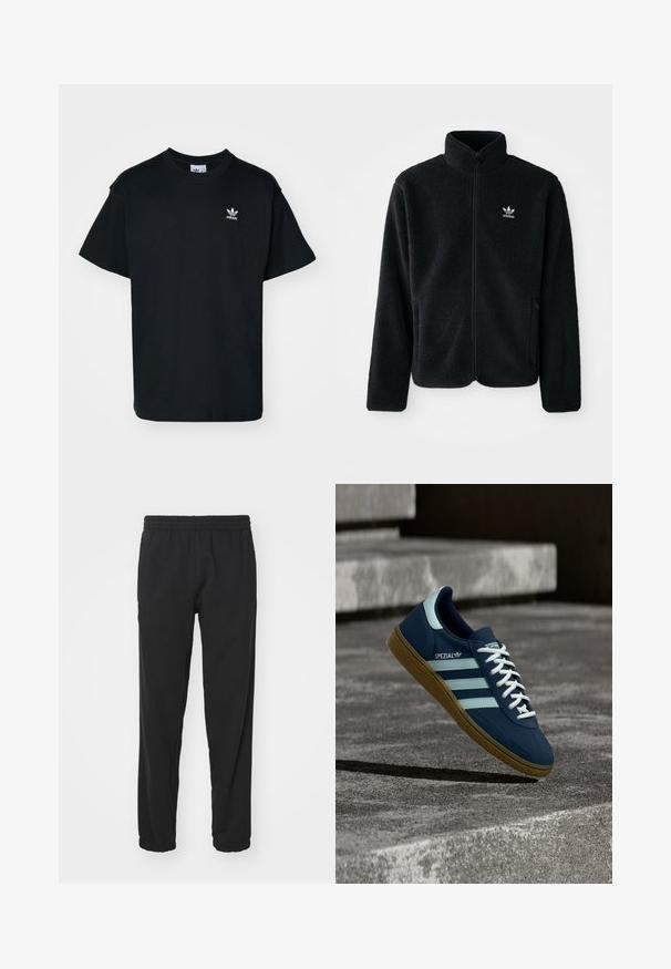Schwarze Fleecejacke mit hohem Kragen, durchgehendem Reißverschluss und Fronttaschen. Verfügt über strukturiertes Material und ein kleines weißes Logo auf der linken Brust.; Schwarzes Baumwoll-T-Shirt mit Rundhalsausschnitt und kurzen Ärmeln, das ein kleines weißes Adidas-Logo auf der linken Brustseite trägt.; Schwarze leichte Jogginghosen mit elastischem Bund, schmal zulaufendem Bein, gerafften Bündchen und seitlichen Taschen für zusätzliche Funktionalität.; Blauer Adidas Spezial Sneaker mit weißen Streifen und Schnürsenkeln, Gummisohle, schwebend über rauer Betonoberfläche und Treppen im Hintergrund.