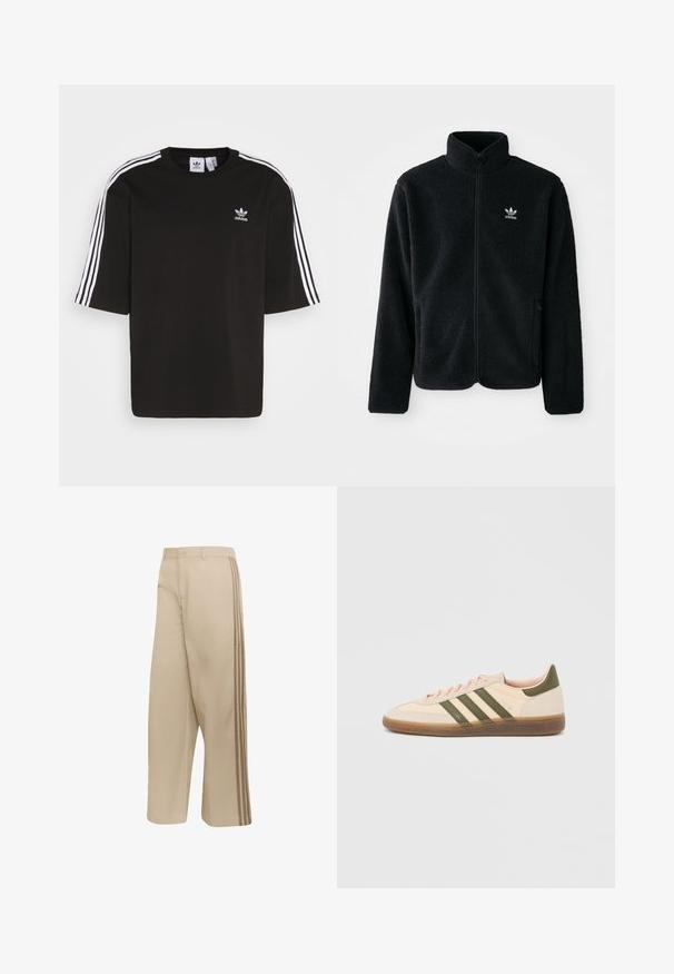 Zwarte fleece jacket met hoge kraag, ritssluiting aan de voorkant en voorzakken. Kenmerkt zich door textuurstof en een klein wit logo op de linkerborst.; Zwarte T-shirt met korte mouwen, gemaakt van katoen, met witte drie-strepen accenten op de schouders en een geborduurd Adidas-logo op de borst.; Beige broek met wijde pijpen en een knoop- en ritssluiting, met drie donkerdere beige strepen langs de buitenste naden.; Beige Adidas Spezial sneaker met een laag profiel, groene strepen, een gumkleurige zool en "SPEZIAL" branding aan de zijkant, gezien vanaf de buitenzijde.