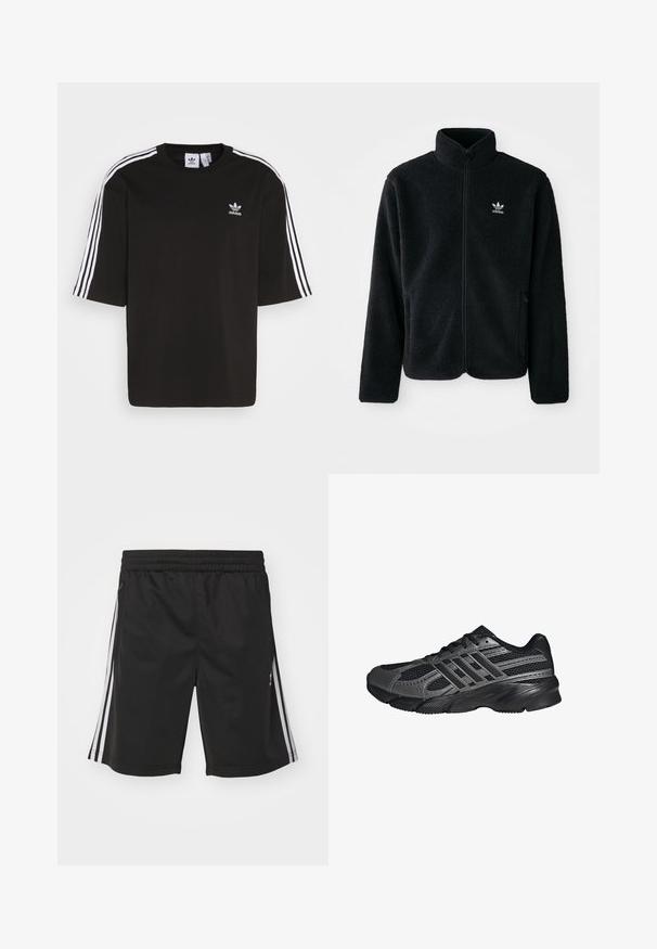 Veste en polaire noire avec col haut, fermeture éclair à l'avant et poches перед тобой. Présente un tissu texturé et un petit logo blanc sur la poitrine gauche.; T-shirt noir à manches courtes en coton, avec des accents de trois rayures blanches sur les épaules et un logo Adidas brodé sur la poitrine.; Shorts de sport noirs avec une taille élastique, présentant des rayures blanches sur les côtés et une texture de tissu lisse. Pas d'embellissements supplémentaires.; Chaussures de sport noires en mesh et matériaux synthétiques, avec une surface texturée, plusieurs rayures grises, et un col rembourré.