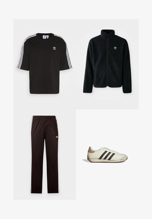 Zwarte fleece jacket met hoge kraag, ritssluiting aan de voorkant en voorzakken. Kenmerkt zich door textuurstof en een klein wit logo op de linkerborst.; Zwarte T-shirt met korte mouwen, gemaakt van katoen, met witte drie-strepen accenten op de schouders en een geborduurd Adidas-logo op de borst.; Zwarte Adidas trainingsbroek met elastische tailleband, witte zijstrepen, met rits afsluitbare zakken en klein trefoil-logo op de linker dij.; Witte leren sneaker met drie zwarte strepen, een beige hielkap en een gestructureerde grijze neuskap. Glad oppervlak met een gumzool.