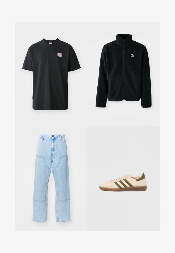 Zwarte fleece jacket met hoge kraag, ritssluiting aan de voorkant en voorzakken. Kenmerkt zich door textuurstof en een klein wit logo op de linkerborst.; Zwarte katoenen t-shirt met ronde hals, korte mouwen en een klein gekleurd label op de linkerkant van de borst met het woord "SUPERIOR."; Lichtblauwe, rechte denimjeans met grote voorkezen en contrasterende stiksels. De stof heeft een vervaagde, zachte textuur.; Beige Adidas Spezial sneaker met een laag profiel, groene strepen, een gumkleurige zool en "SPEZIAL" branding aan de zijkant, gezien vanaf de buitenzijde.