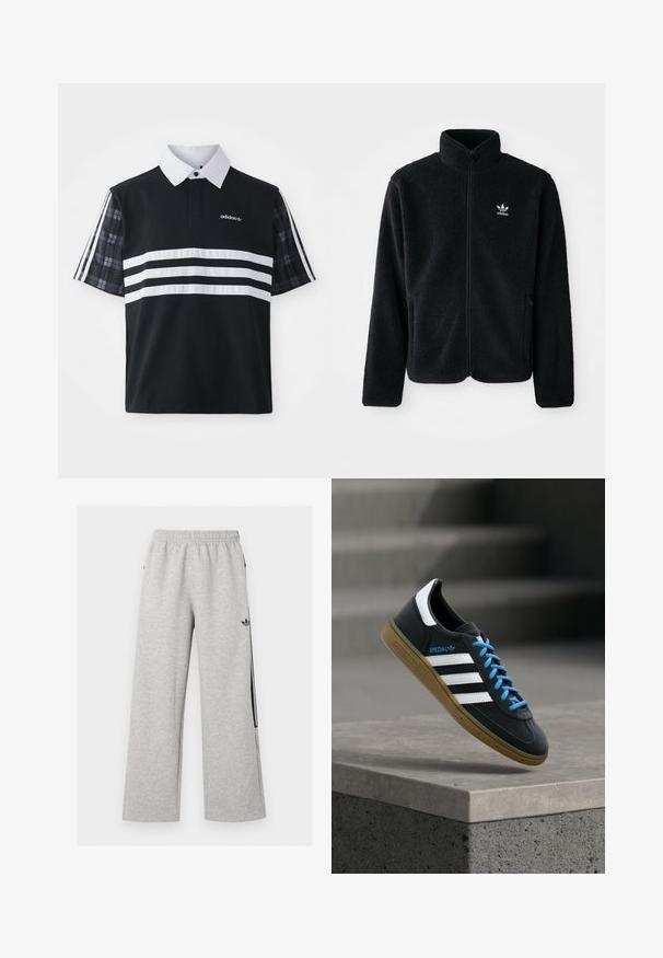 Chupa de forro polar negro con cuello alto, cierre frontal y bolsillos delanteros. Presenta tela texturizada y un pequeño logo blanco en el lado izquierdo del pecho.; Camisa polo negra con rayas blancas y un logotipo; cuenta con mangas cortas de cuadros y un cuello blanco con una hilera de botones.; Pantalones deportivos anchos de color gris claro con cintura elástica y logo negro de Adidas trefoil en el muslo derecho.; Zapatilla negra Adidas con franjas blancas, cordones azules y suela de goma flotando sobre un escalón de hormigón gris con luz suave.