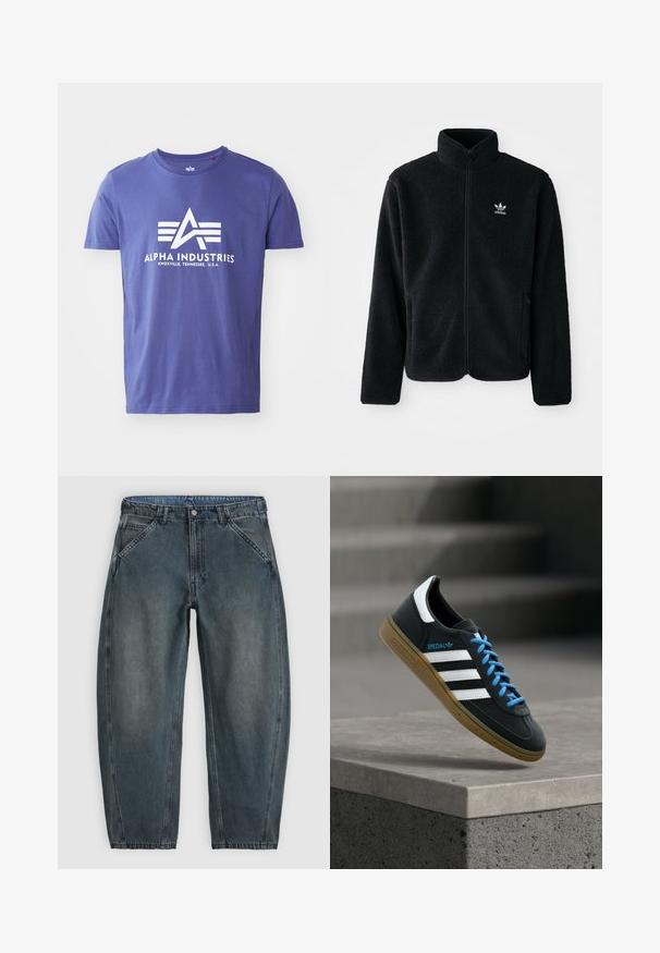 Veste en polaire noire avec col haut, fermeture éclair à l'avant et poches перед тобой. Présente un tissu texturé et un petit logo blanc sur la poitrine gauche.; T-shirt en coton violet à manches courtes, comportant un logo blanc incluant "ALPHA INDUSTRIES" et un design géométrique.; Jean denim gris foncé taille haute avec poches avant en biais, fermeture par boutons, passants de ceinture et jambes légèrement fuselées.; Baskets Adidas noires avec des rayures blanches, des lacets bleus et une semelle en gomme flottant au-dessus d'une marche en béton grise sous une lumière douce.
