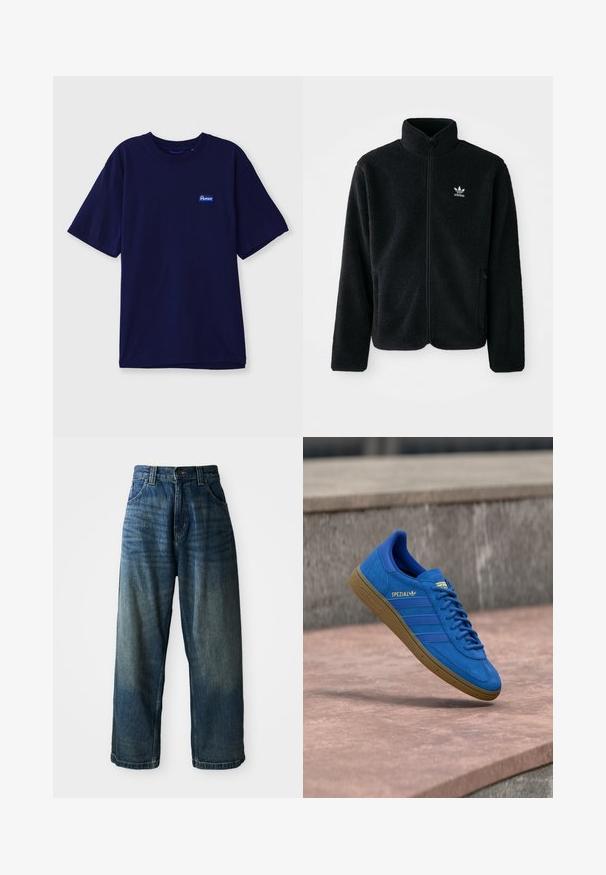Sort fleecejakke med høj krave, lynlås foran og frontlommer. Har tekstureret stof og lille hvidt logo på venstre bryst.; Marineblå bomulds-t-shirt med rund hals, korte ærmer og et lille rektangulært mærke i blå og hvid på venstre bryst.; Bredde ben blå denimjeans med en falmet finish. Har fem lommer, knaplukning og kontrasterende syninger. Tyk stof.; Blå Adidas Spezial sneaker med gummisål, snørebånd bundet, hængende over en glat stens overflade nær en grå betonvæg.
