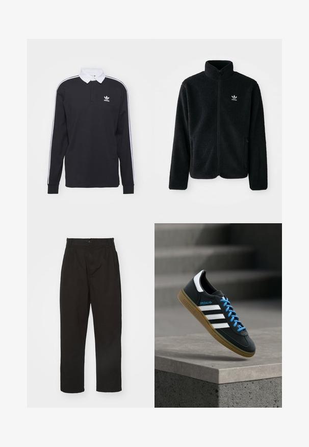 Must värviline fleecedee peasärk kõrge kraega, tõmblukuga esiosa ja esikotid. Omab tekstuuriga kangast ja väikest valget logo vasakul rinnal.; Must have pikkade varrukatega must polo särk, millel on valge krae ja kolm valget triipu varrukatel; rinnal on tikitud Adidas'i logo.; Mustad mustadest kangast püksid, millel on nööbiga sulgemine, sirge lõige ja kaks esist plehti täiendava detailina.; Must Adidas toss valgete triibu, siniste paelte ja kummist tallaga, hõljuv pehme valgusega halli betoonastme kohal.