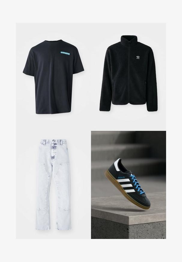 Schwarze Fleecejacke mit hohem Kragen, durchgehendem Reißverschluss und Fronttaschen. Verfügt über strukturiertes Material und ein kleines weißes Logo auf der linken Brust.; Schwarzes Baumwoll-T-Shirt mit kurzen Ärmeln, Rundhalsausschnitt und einem türkisfarbenen grafischen Logo auf der linken Brust. Glatte Textur, lässige Passform.; Hellblaue Denim-Jeans im Straight-Leg-Schnitt mit aufgesetzten Taschen, hoher Taille und einem verwaschenen Finish. Mit tonalem Nähen und einem lässigen Schnitt.; Schwarzer Adidas-Sneaker mit weißen Streifen, blauen Schnürsenkeln und Gummisohle, der über einer grauen Betontreppe im weichen Licht schwebt.