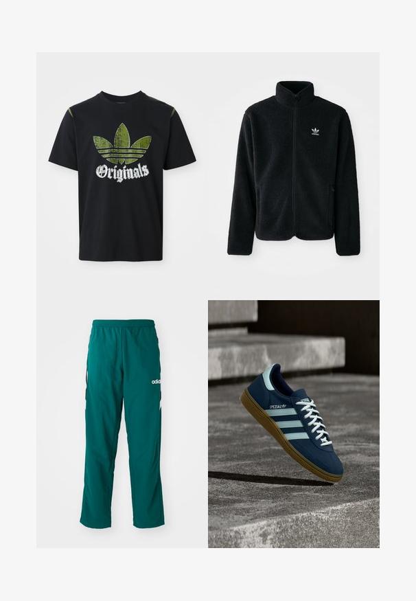 Must värviline fleecedee peasärk kõrge kraega, tõmblukuga esiosa ja esikotid. Omab tekstuuriga kangast ja väikest valget logo vasakul rinnal.; Must musta särk, millel on kulunud rohelise graafikaga kujutis kolmest triibust ja sõna "Originals" all valget värvi, ümmargune kaelus, lühikesed varrukad.; Roheline spordipüksid, mis on valmistatud kergest kangast, elastse vöökoha, küljetaskute ja valge Adidas logo abil vasakul küljel.; Sinine Adidas Spezial tennisk, valgete triipude ja paeltega, kummist tallaga, hõljub kareda betoonpinna ja sammude kohal taustal.