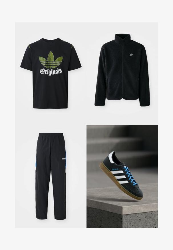 Must värviline fleecedee peasärk kõrge kraega, tõmblukuga esiosa ja esikotid. Omab tekstuuriga kangast ja väikest valget logo vasakul rinnal.; Must musta särk, millel on kulunud rohelise graafikaga kujutis kolmest triibust ja sõna "Originals" all valget värvi, ümmargune kaelus, lühikesed varrukad.; Mustad must ikksad mustad treeningpüksid, millel on elastne vöökoht, külgedel sinised ja valged graafilised detailid ning tikitud logo.; Must Adidas toss valgete triibu, siniste paelte ja kummist tallaga, hõljuv pehme valgusega halli betoonastme kohal.