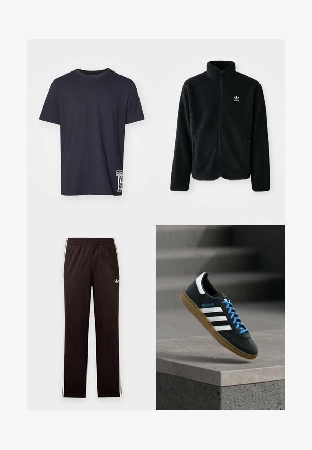 Musta fleece-takki, jossa on korkea kaulus, vetoketjusuljenta ja etutaskut. Käyttää teksturoitua kangasta ja siinä on pieni valkoinen logo vasemmassa rinnassa.; Mustapaita, jossa on pyöreä kaula-aukko, lyhyet hihat ja valkoinen logopatchi alhaalla. Sileä tekstuuri, normaali mitoitus.; Mustat Adidas-verkkarit, joissa on joustava vyötärönauha, valkoiset sivuraitoja, vetoketjulliset taskut ja pieni kolmilehtilogo vasemman reiden kohdalla.; Musta Adidas-tennari valkoisilla raidoilla, sinisillä nauhoilla ja kumipohjalla kelluu pehmeässä valossa harmaan betonisen portaan yllä.