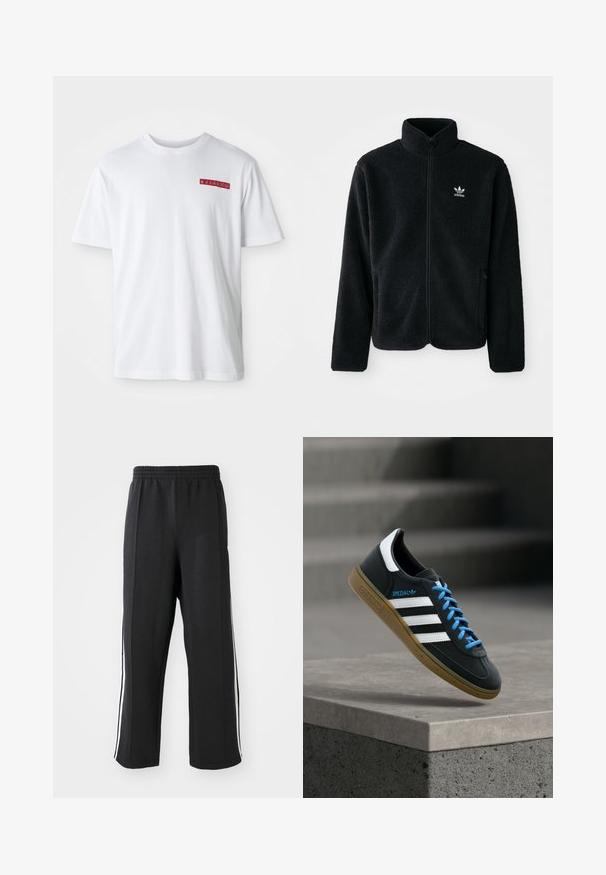 Sort fleecejakke med høj krave, lynlås foran og frontlommer. Har tekstureret stof og lille hvidt logo på venstre bryst.; Hvid bomulds t-shirt med rund hals, korte ærmer og en lille rød grafisk detalje på venstre brystområde.; Sorte sweatpants med elastisk talje, der har hvide sidelister og en afslappet pasform. Lavet af blødt, strækbart stof.; Sort Adidas sneaker med hvide striber, blå snørebånd og gummisål, der svæver over gråt betontrin i blødt lys.