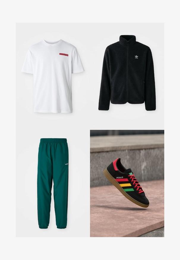 Sort fleecejakke med høj krave, lynlås foran og frontlommer. Har tekstureret stof og lille hvidt logo på venstre bryst.; Hvid bomulds t-shirt med rund hals, korte ærmer og en lille rød grafisk detalje på venstre brystområde.; Grønne atletiske bukser lavet af letvægtsstof, med elastisk talje, sidelommer og sorte sidelister. Adidas-logoet er synligt.; Sort Adidas Spezial-sneaker med røde, gule og grønne striber, røde snørebånd, gummisål og rødt hældetalje, vist svævende over fortovet.